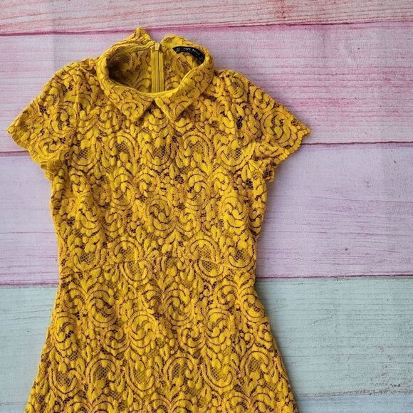 Zara Basic‎ Mustard Yellow Short Sleeve Lace Overlay A-Line Mini Dress Small - Picture 2 of 5